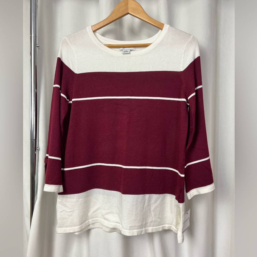 NWT Liz Claiborne Bell Sleeve Burgundy and Cream Color Sweater Size Small